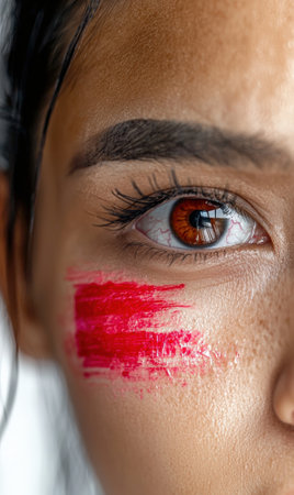 Striking close-up of a woman's eye with red paint.の素材