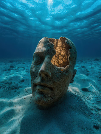Underwater sculpture of a human head on the seabed.の素材