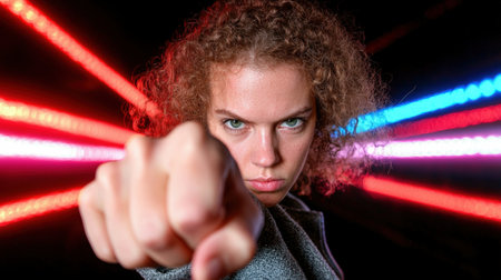 Stern woman points directly at the viewer with intensity.の素材