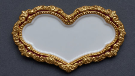 Ornate golden heart frame with red accents on gray.の素材