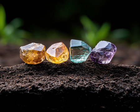 Raw uncut gemstones on soil, vibrant colors, natural light.の素材