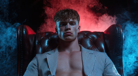 Confident man in pinstripe suit sitting in leather armchair.の素材