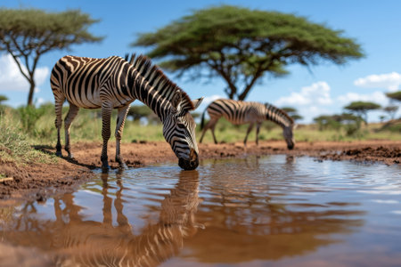 Zebras drink at a watering hole in the savanna.の素材