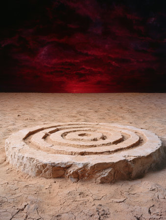 Spiral rock formation in arid desert landscape with red sky.の素材