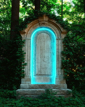 Mystical portal with glowing blue light in forest.の素材
