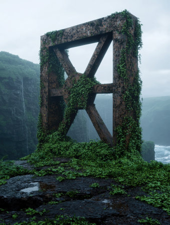 Overgrown rusted metal structure in a misty, lush landscape.の素材