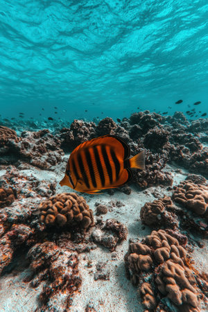 Vibrant butterflyfish swims among coral reef in turquoise ocean.の素材