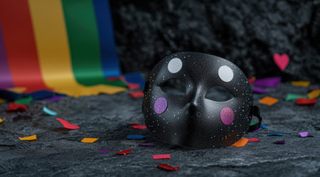 Festive black masquerade mask with rainbow pride background.の素材