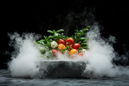 Fresh produce assortment with dry ice smoke effect.の素材
