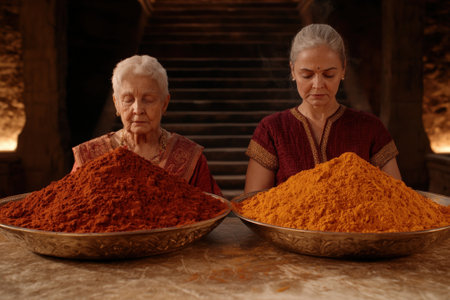 Two women meditate with bowls of colorful spices.の素材