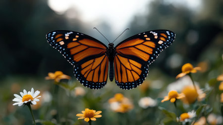 Monarch butterfly gracefully flits among vibrant wildflowers in a meadow.の素材