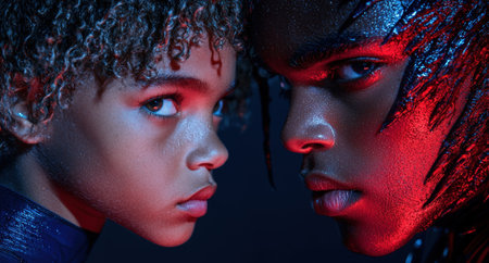 Intense portrait of two young people facing each other.の素材