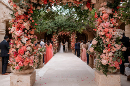 Elegant outdoor wedding ceremony with floral archway and guests.の素材