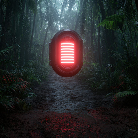 Futuristic glowing pod in a lush, dense jungle.の素材