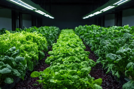 Lush rows of hydroponically grown leafy green vegetables.の素材