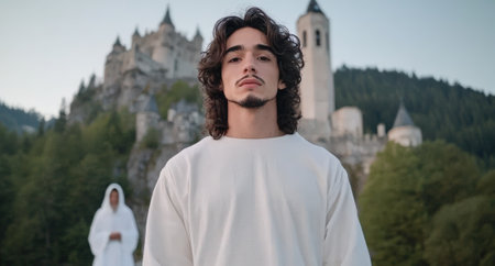 Mystical man in white robes stands before ancient castle.の素材