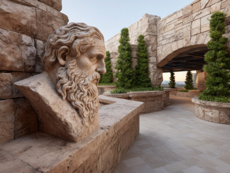 Ancient philosopher bust on a stone terrace with trees.の素材