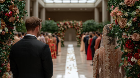 Elegant wedding ceremony with bride and groom.の素材