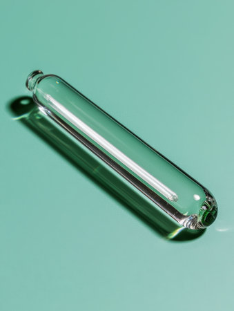 Elegant glass tube with internal light on a teal surface.の素材