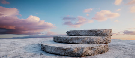 Stone podium against a serene sunset sky backdrop.の素材