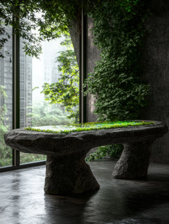 Stone table with moss in a modern interior.の素材