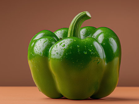 Fresh green bell pepper with water droplets.の素材