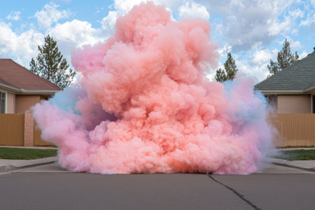 Surreal cloud of pink smoke in suburban neighborhood.の素材