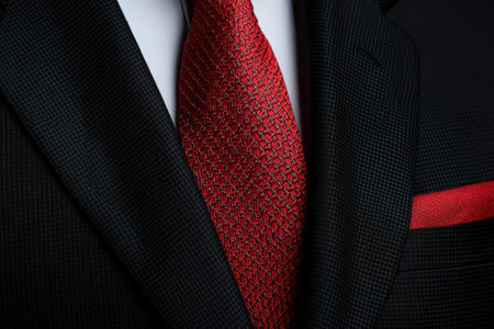 Elegant black suit jacket with a vibrant red tie.の素材
