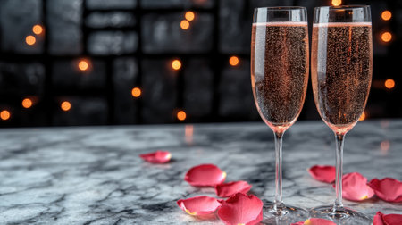 Elegant champagne flutes with rose petals for a celebration.の素材