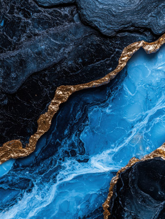 Abstract blue and black stone texture with gold accents.の素材