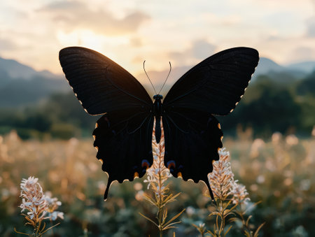 Majestic black swallowtail butterfly rests on wildflower in meadow.の素材