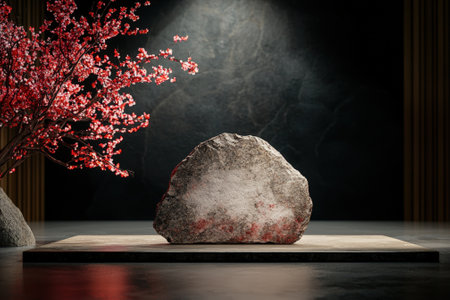 Zen rock podium with red blossom tree backdrop.の素材