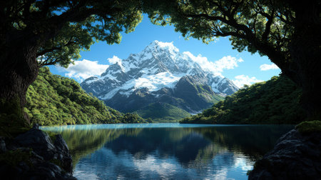 Snowy mountain peak reflected in a tranquil lake.の素材