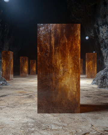 Monolithic structures stand in a mysterious cavernous space.の素材