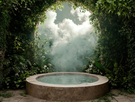Serene stone hot tub surrounded by lush green foliage.の素材