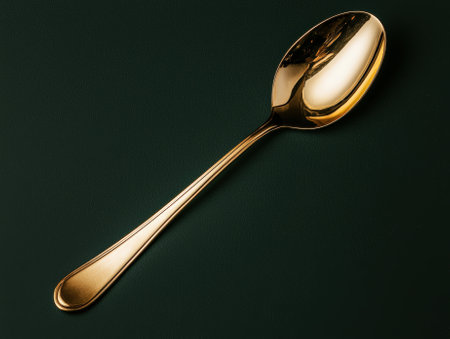 Elegant golden spoon on a dark green background.の素材
