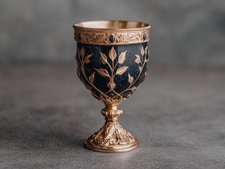 Ornate gold and black goblet with leaf design.の素材