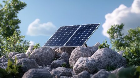 Solar panels on rocks, clean energy concept.の素材