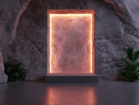Illuminated stone portal in a cavern with plants.の素材