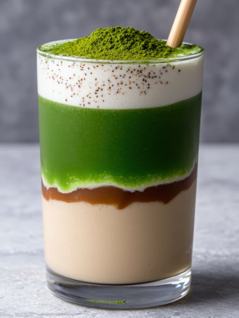 Layered matcha latte with chia seeds and green tea powder.の素材