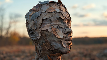 Leaf-covered human head sculpture in a field at dusk.の素材