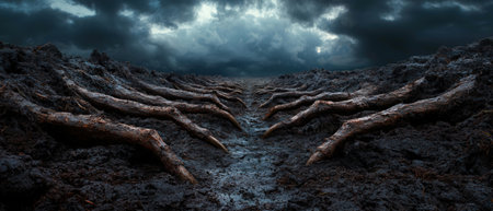Eerie landscape with dark clouds and exposed tree roots.の素材