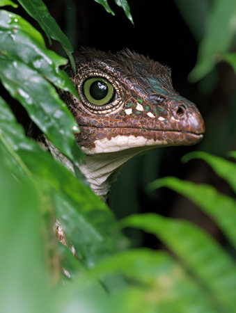 Intriguing lizard peers out from lush green foliage.の素材