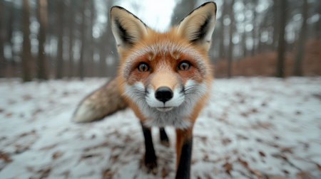 A curious red fox gazes intently in a snowy forest.の素材