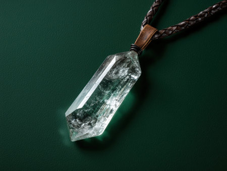 Quartz crystal pendant necklace on a green background.の素材