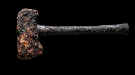 Ornate, antique battle axe with a weathered head.の素材