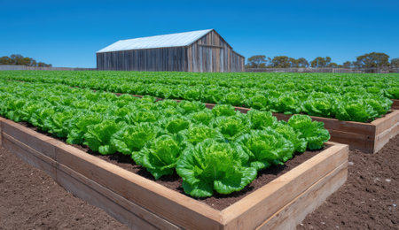 Fresh green lettuce growing in raised garden beds.の素材