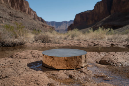 Elegant product display podium in a serene desert landscape.の素材