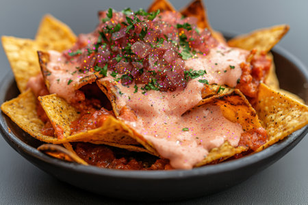 Loaded nachos with pink sauce and fresh salsa.の素材