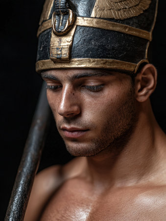Brooding man in pharaoh headdress with intense gaze.の素材